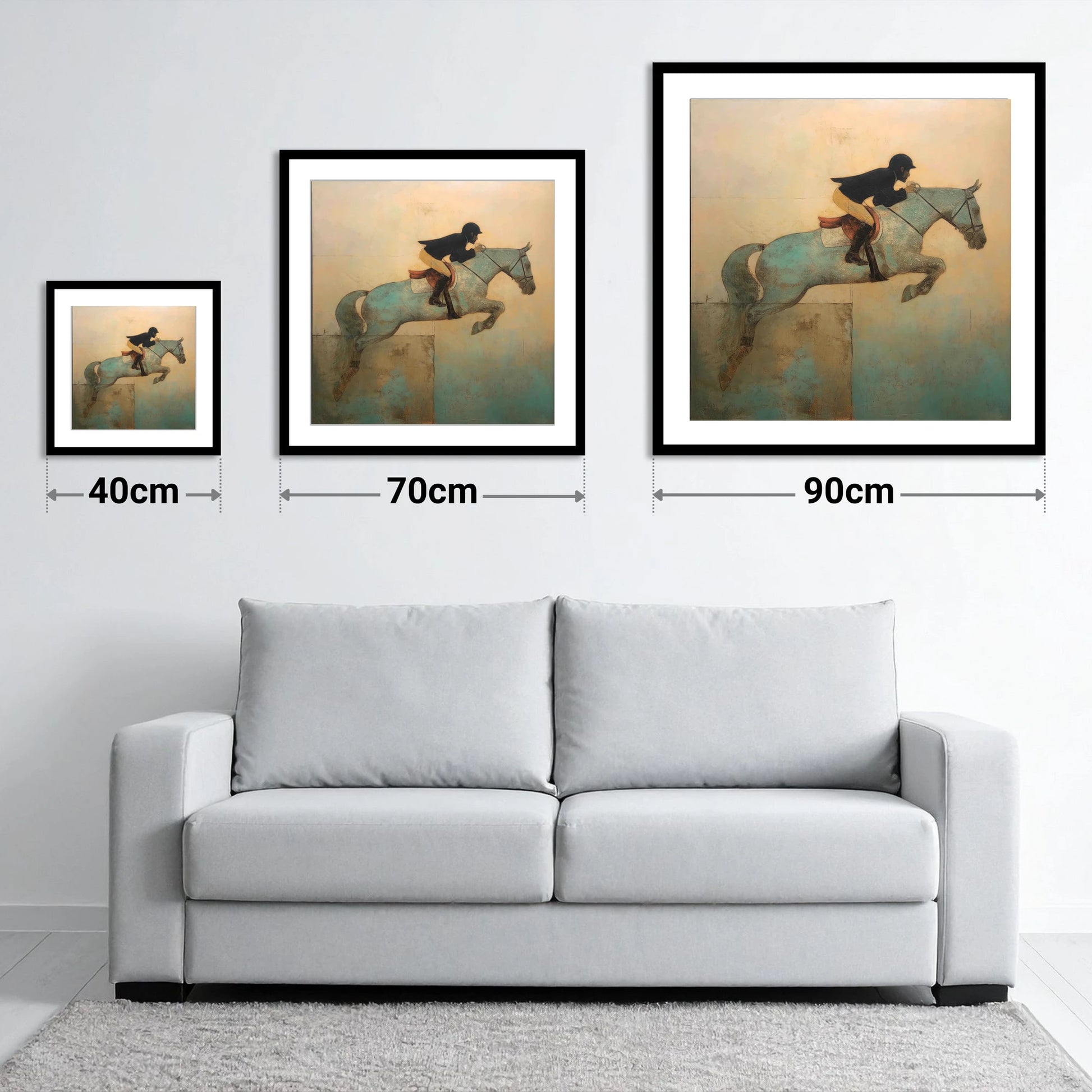 Turquoise Flight - size guide showing 40cm, 70cm and 90cm art prints