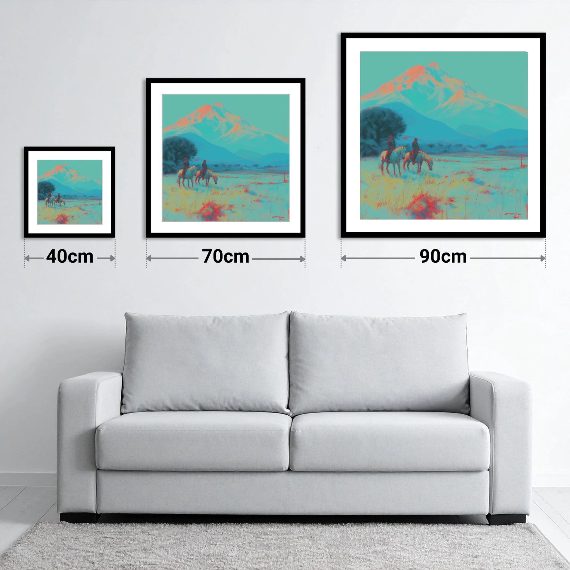 Electric Mountain Hack - size guide showing 40cm, 70cm and 90cm art prints
