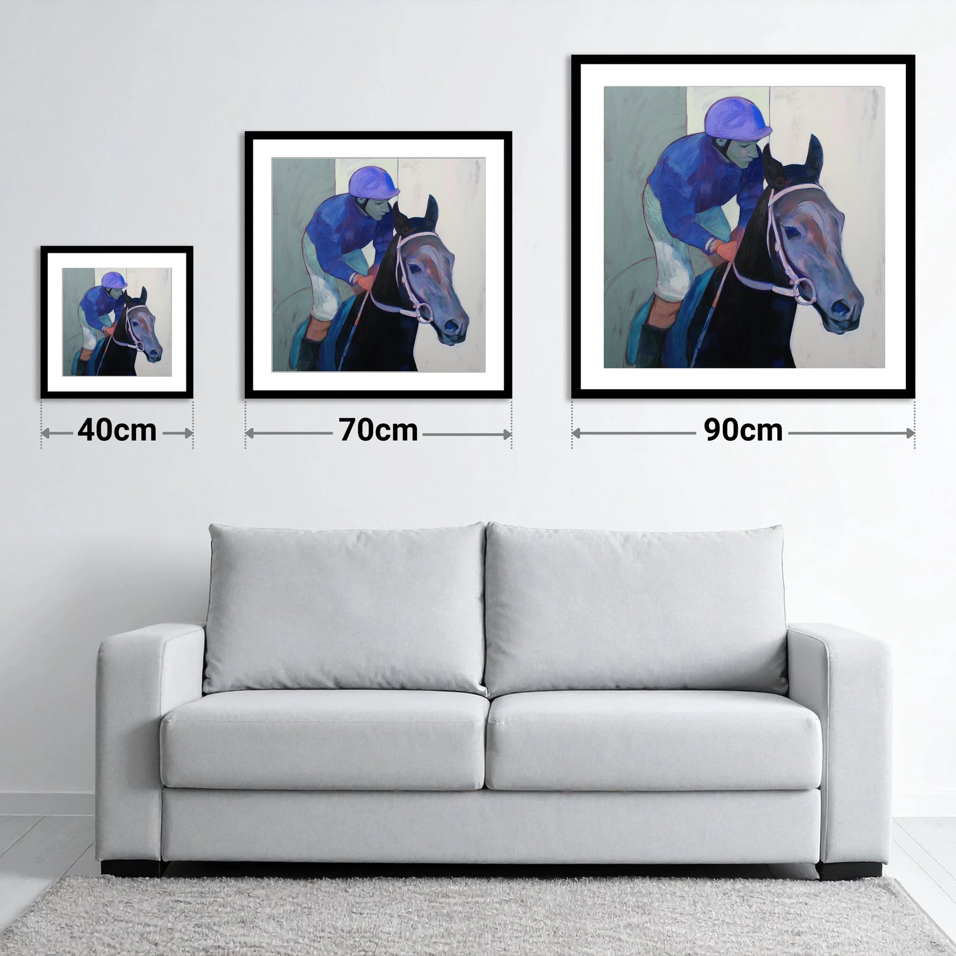 Moment of Focus - size guide showing 40cm, 70cm and 90cm art prints