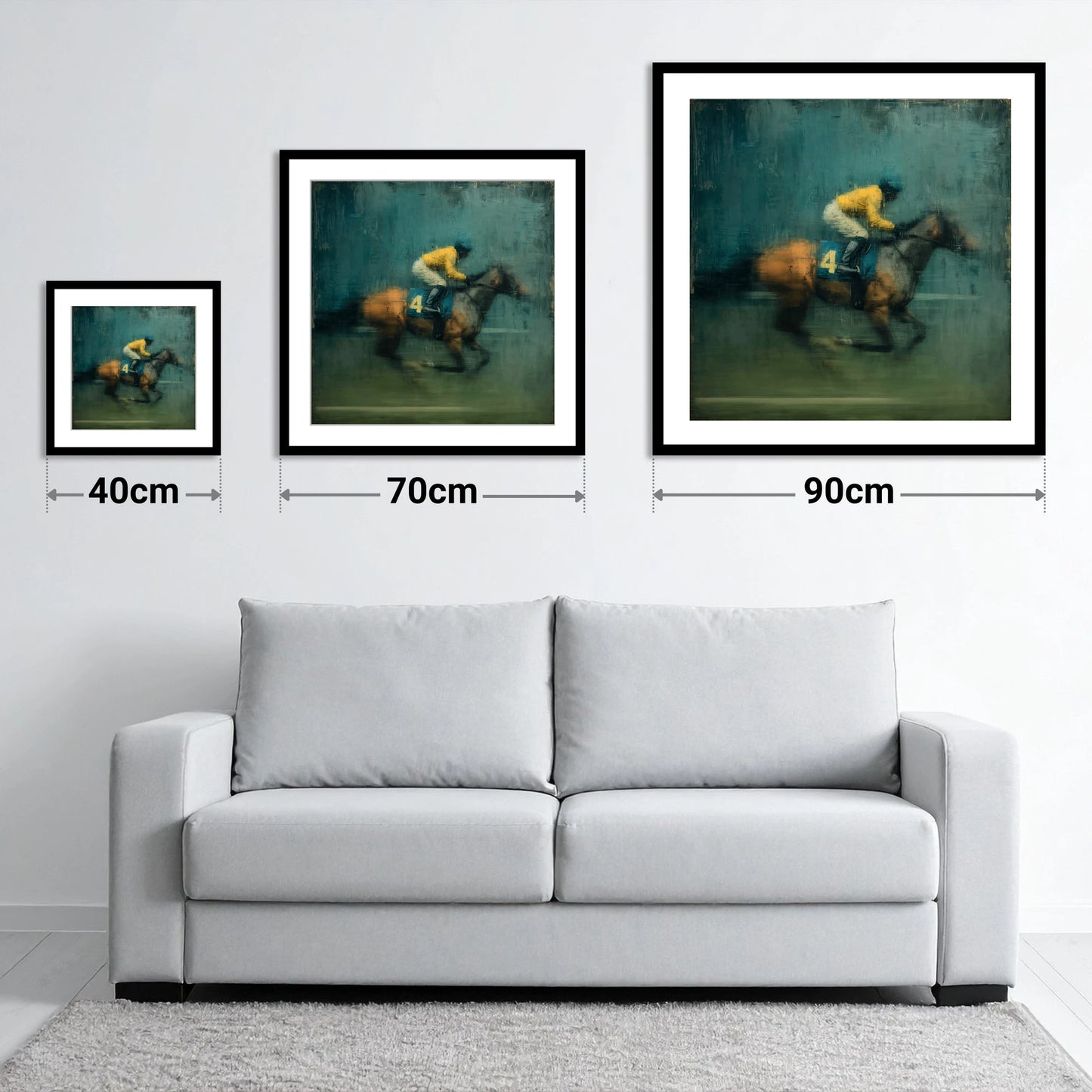 Velocity in Yellow - size guide showing 40cm, 70cm and 90cm art prints
