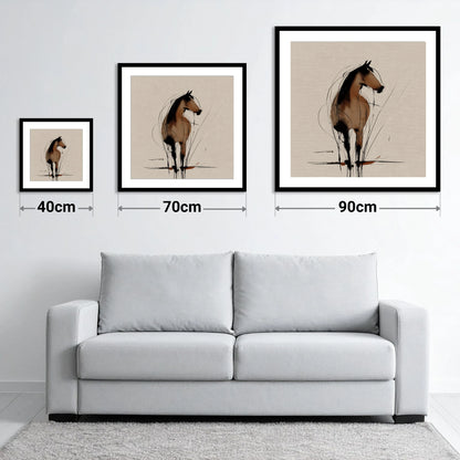 Gestural Sepia Equine - size guide showing 40cm, 70cm and 90cm art prints