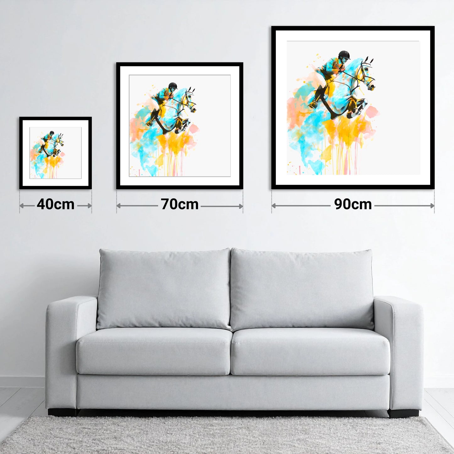 Suspended in Colour - size guide showing 40cm, 70cm and 90cm art prints