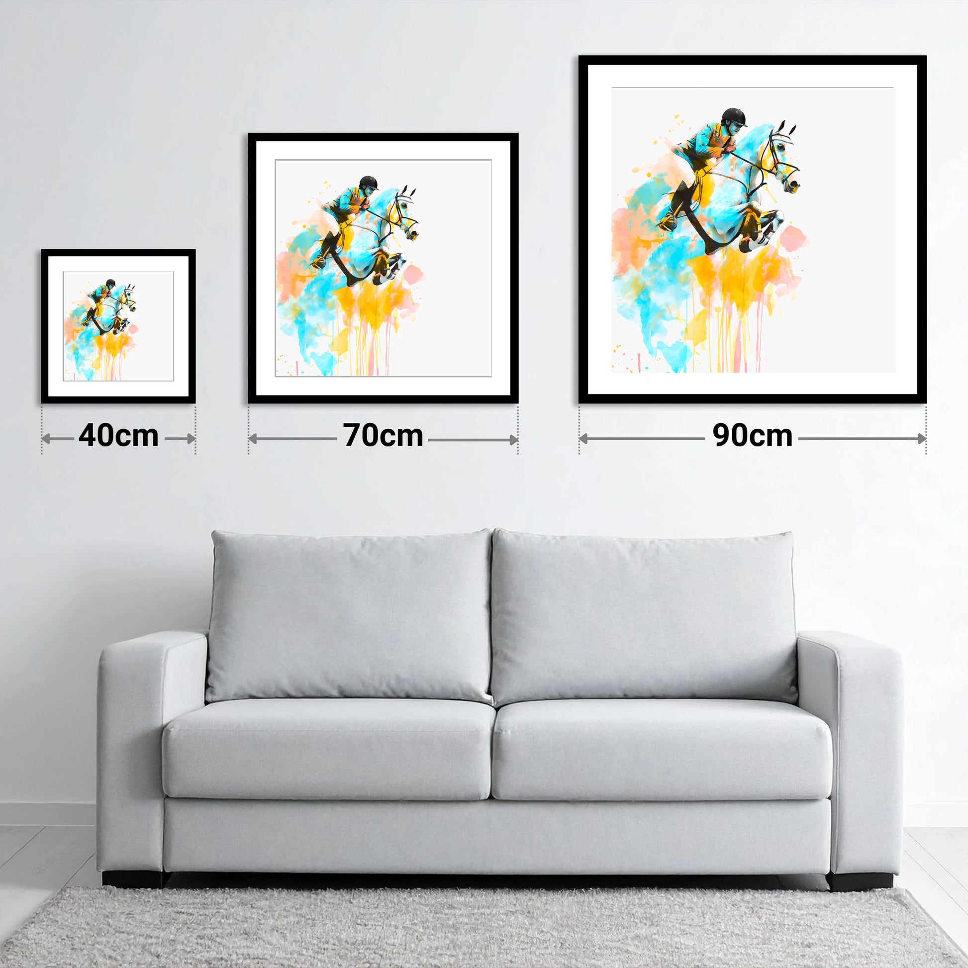 Suspended in Colour - size guide showing 40cm, 70cm and 90cm art prints