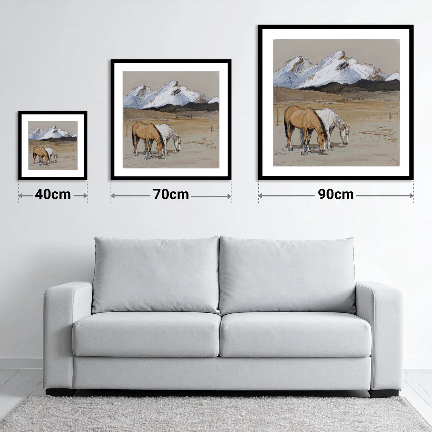 High Country Grazing - size guide showing 40cm, 70cm and 90cm art prints