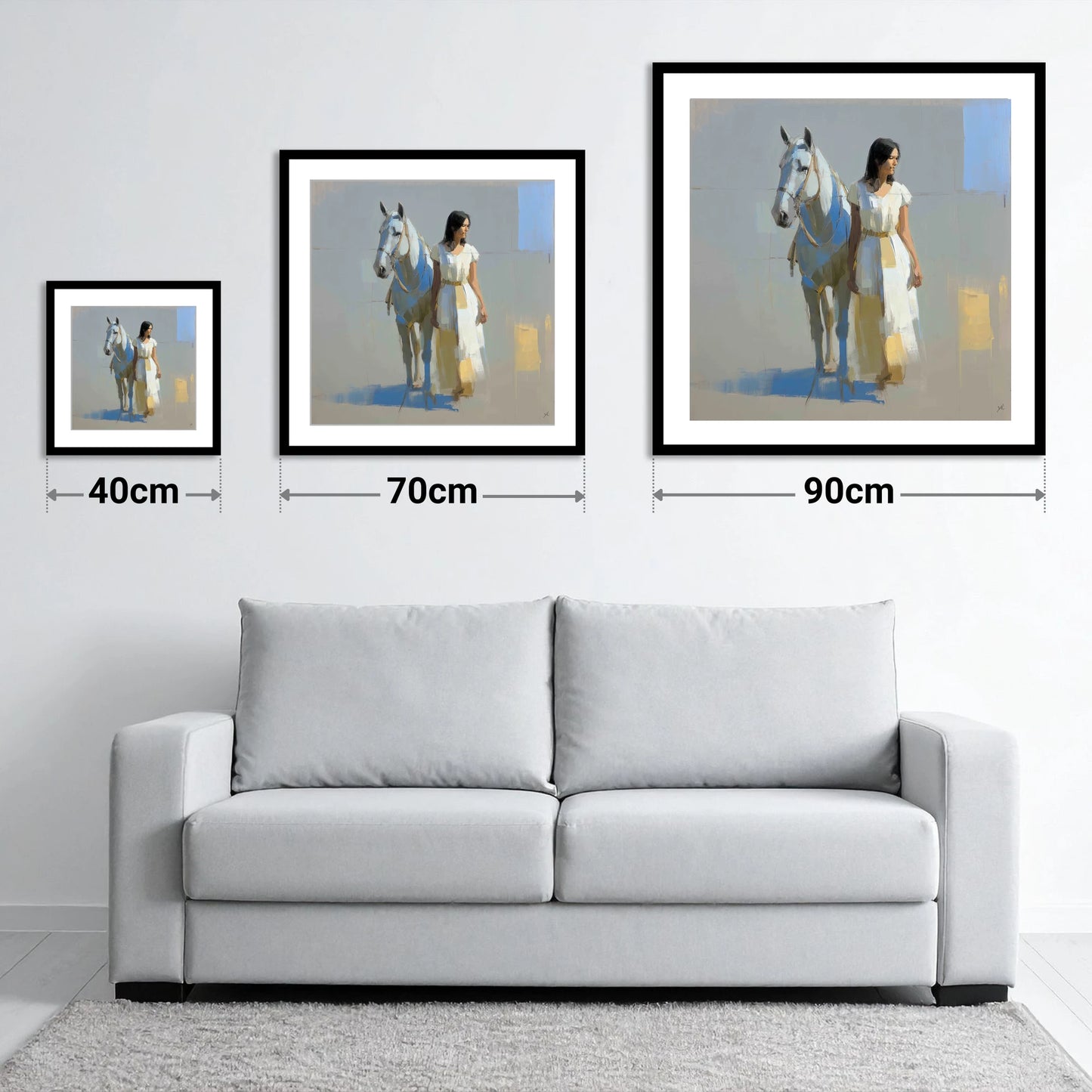 Beside the Grey - size guide showing 40cm, 70cm and 90cm art prints