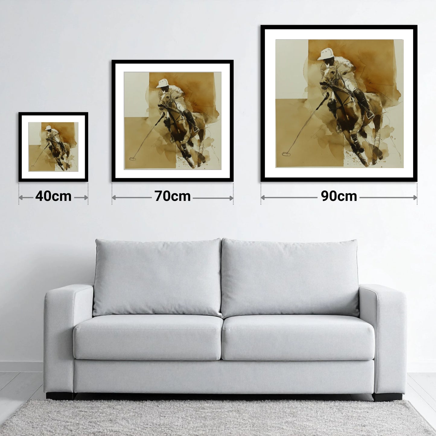 Sepia Polo Charge - size guide showing 40cm, 70cm and 90cm art prints