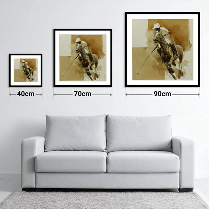 Sepia Polo Charge - size guide showing 40cm, 70cm and 90cm art prints