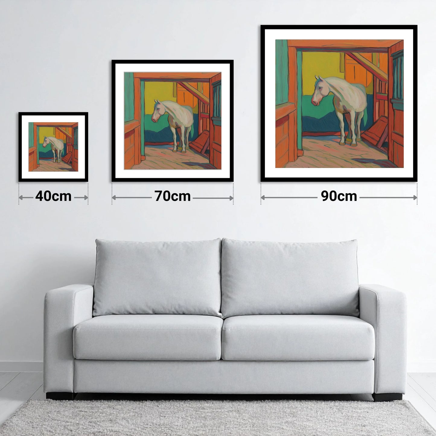 The Vibrant Stable - size guide showing 40cm, 70cm and 90cm art prints