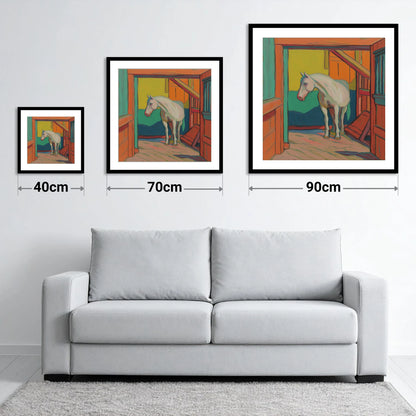 The Vibrant Stable - size guide showing 40cm, 70cm and 90cm art prints