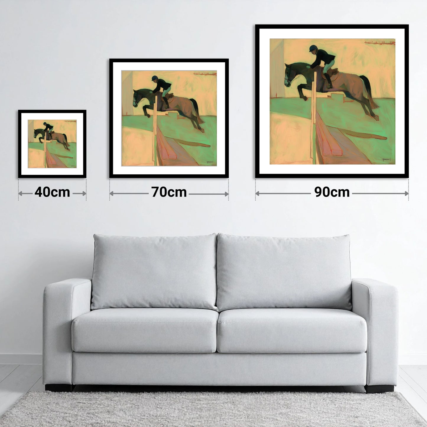 Flight and Form - size guide showing 40cm, 70cm and 90cm art prints