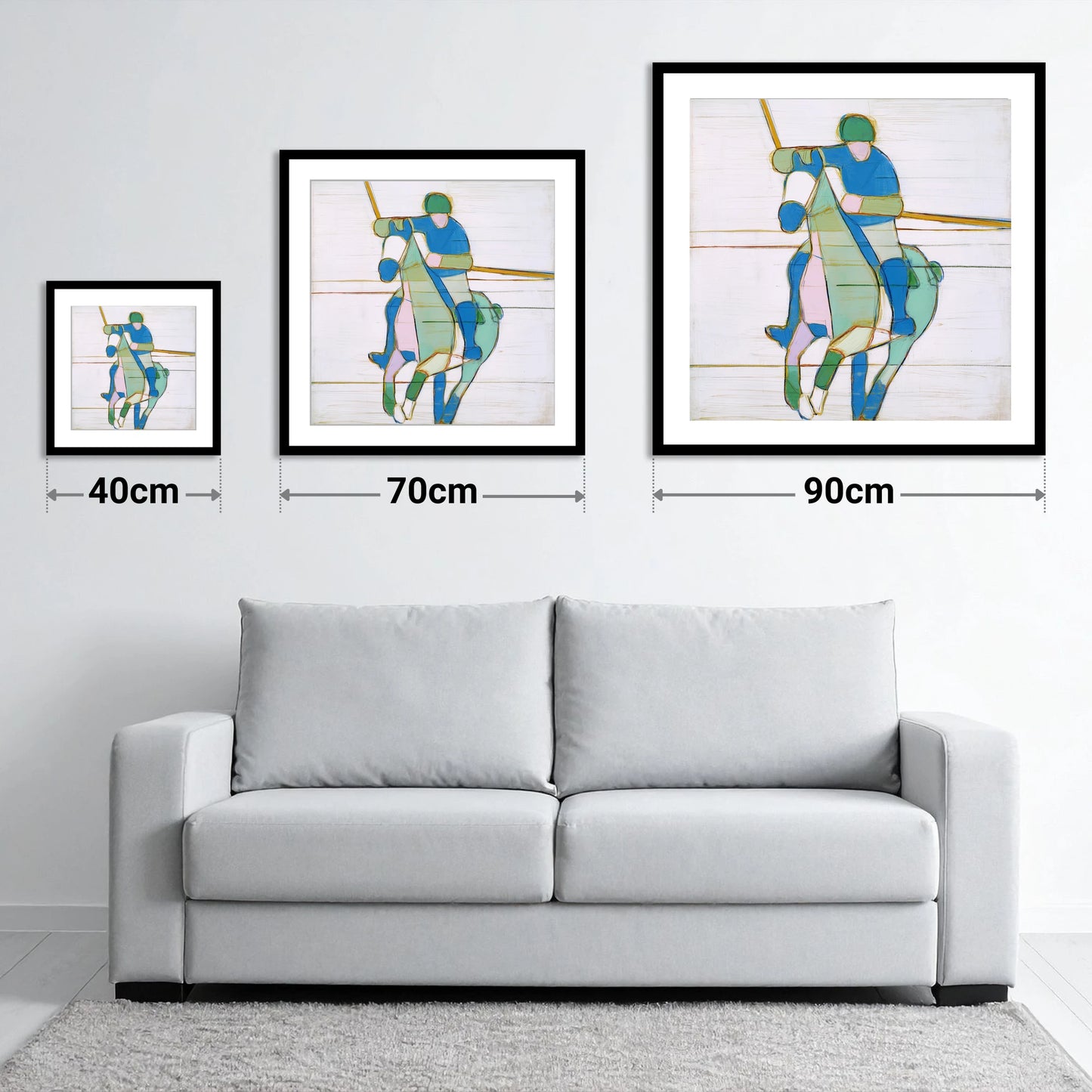 Azure Polo Rhythms - size guide showing 40cm, 70cm and 90cm art prints