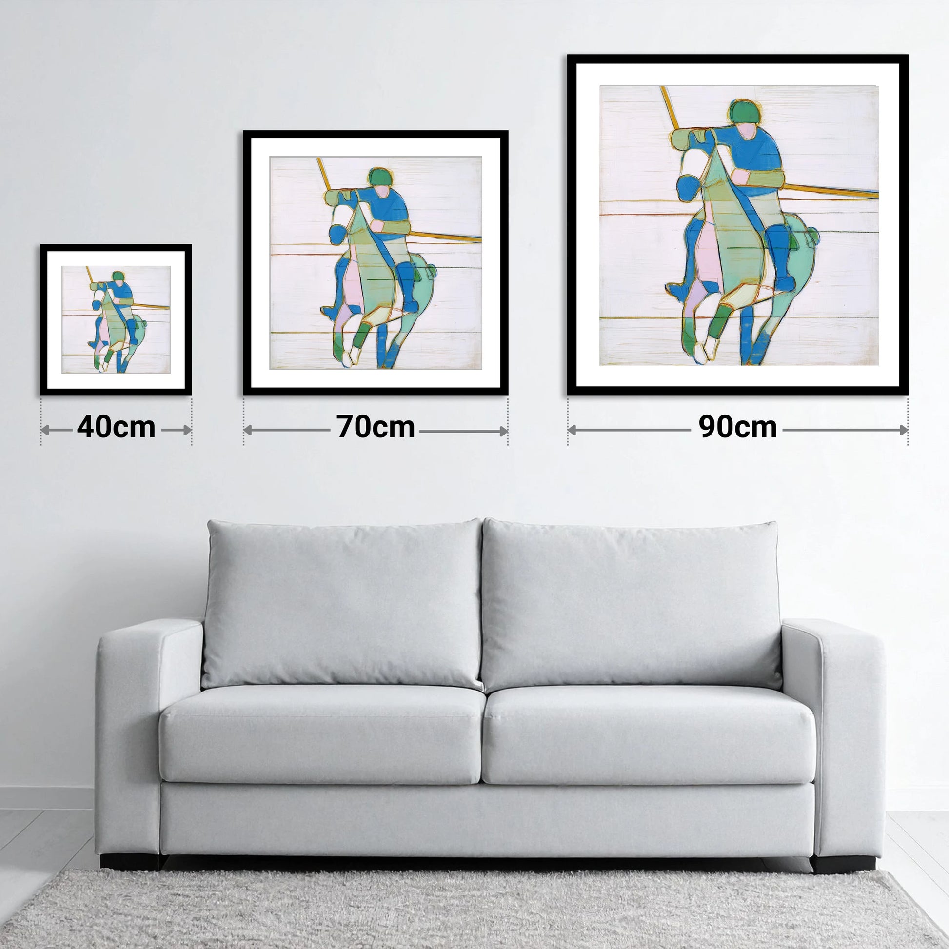 Azure Polo Rhythms - size guide showing 40cm, 70cm and 90cm art prints