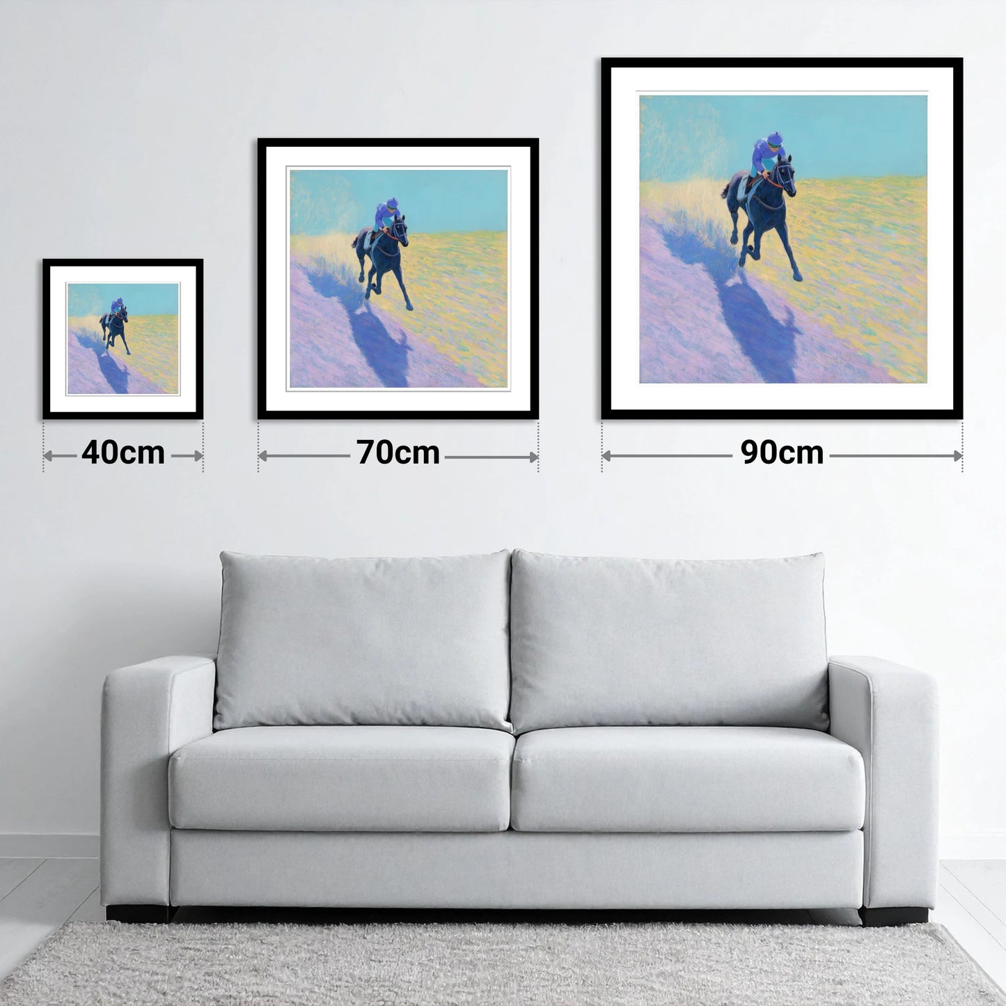Pastel Morning Canter - size guide showing 40cm, 70cm and 90cm art prints