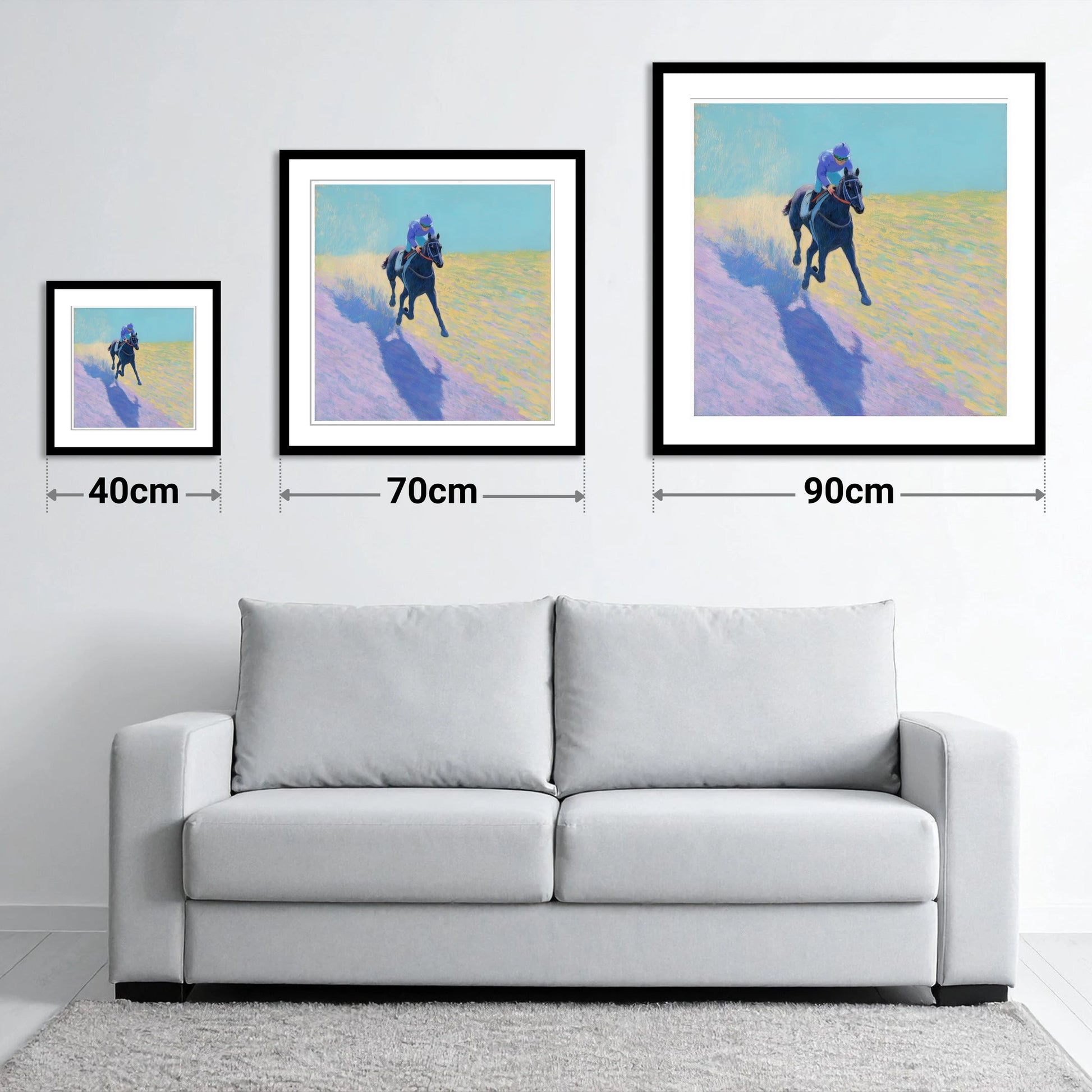 Pastel Morning Canter - size guide showing 40cm, 70cm and 90cm art prints