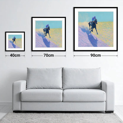 Pastel Morning Canter - size guide showing 40cm, 70cm and 90cm art prints