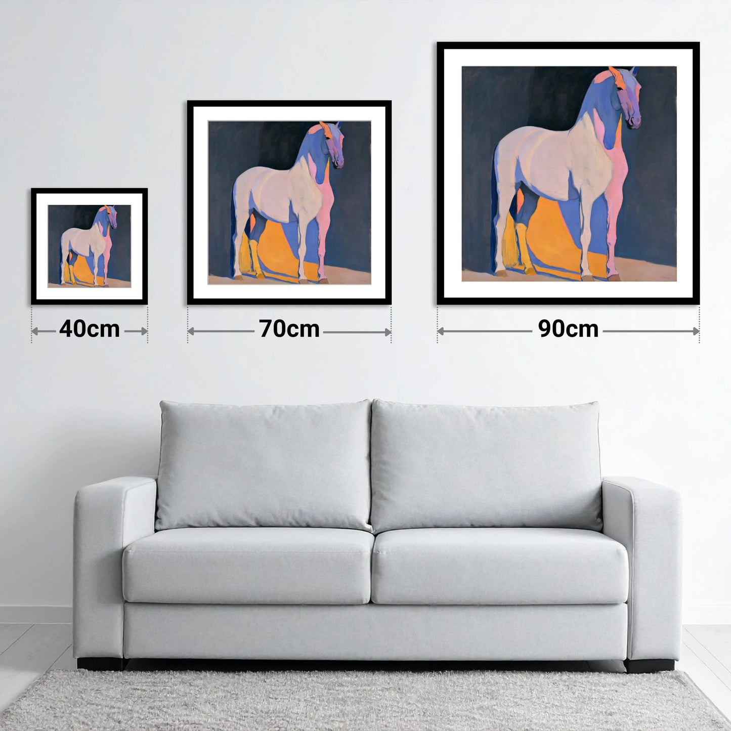 Modern Abstract Painted Grey Horse - size guide showing 40cm, 70cm and 90cm art prints