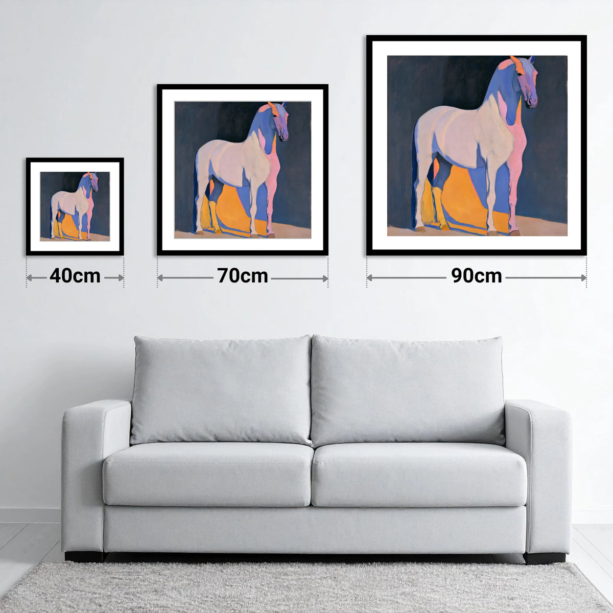 Modern Abstract Painted Grey Horse - size guide showing 40cm, 70cm and 90cm art prints