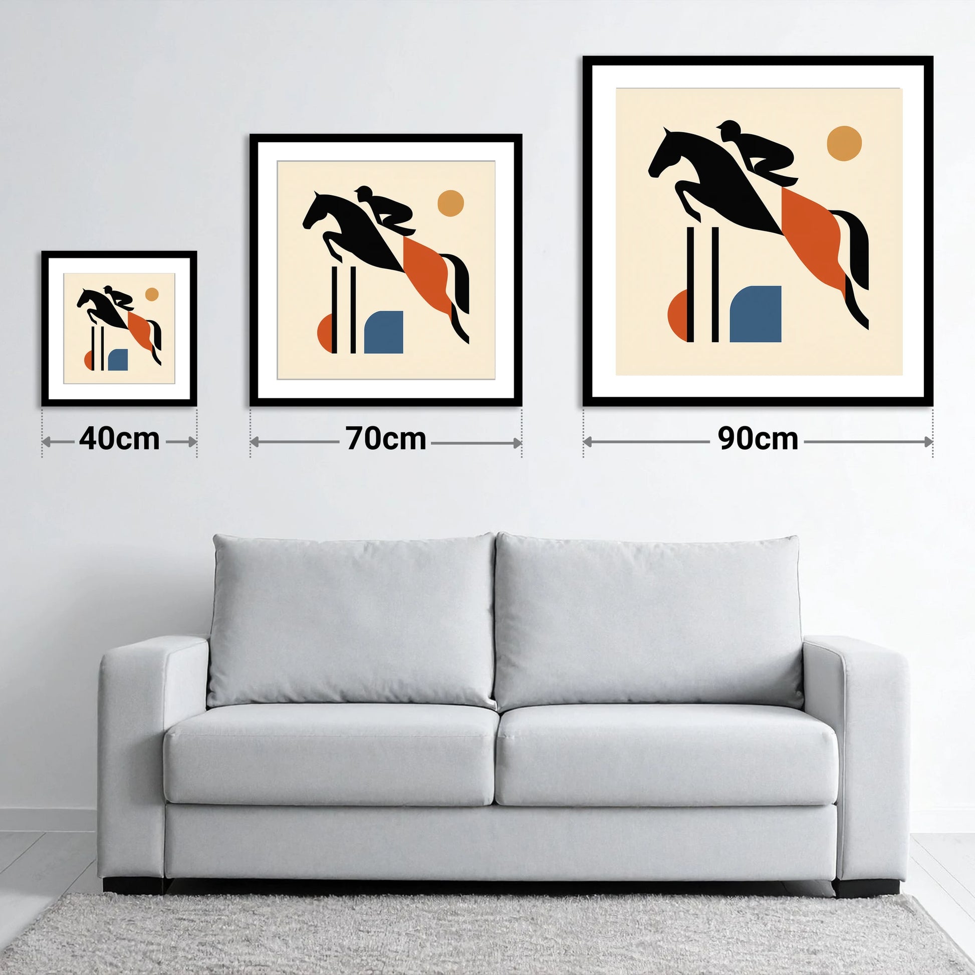 Retro Airborne Ascent - size guide showing 40cm, 70cm and 90cm art prints