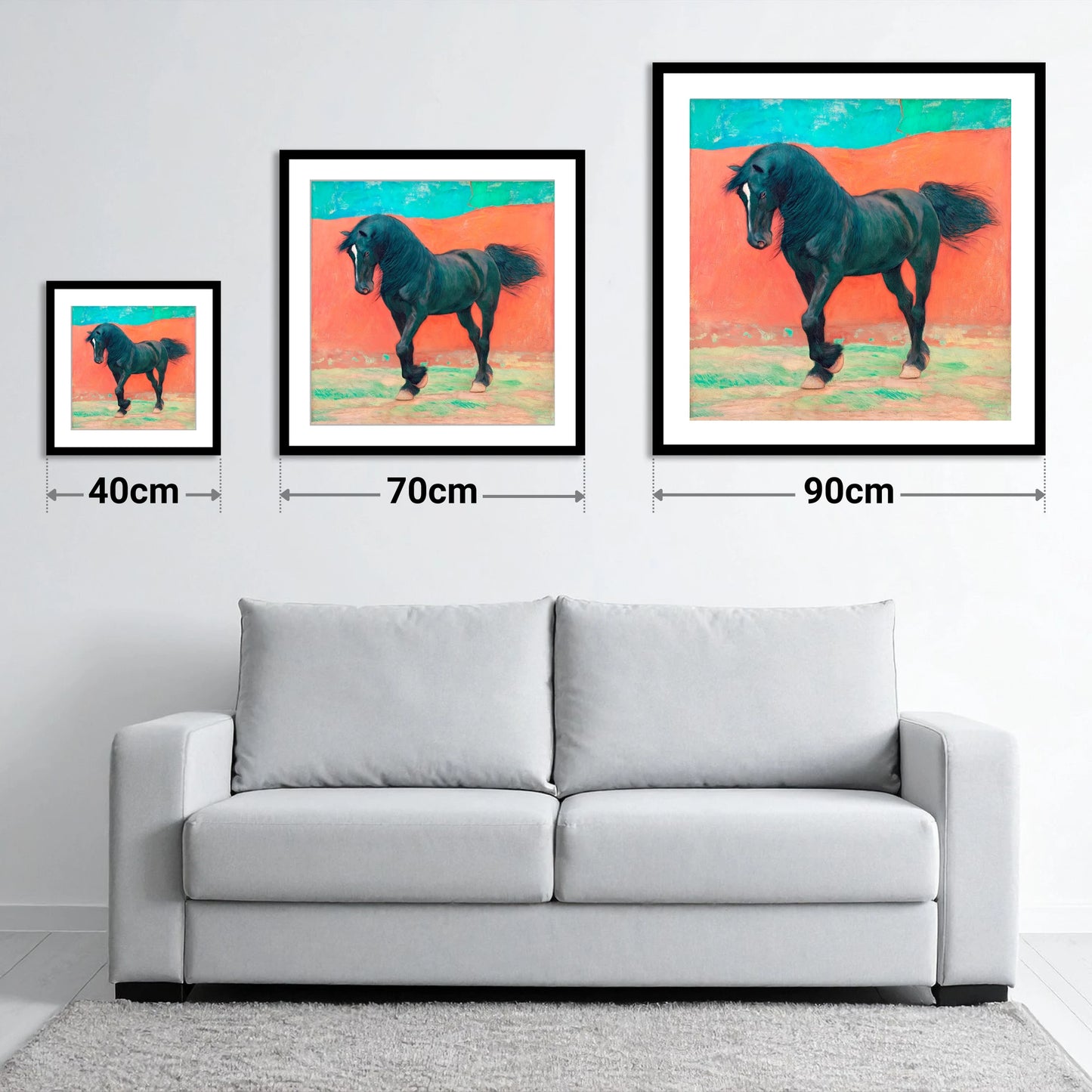 Bold Friesian Rhythm - size guide showing 40cm, 70cm and 90cm art prints