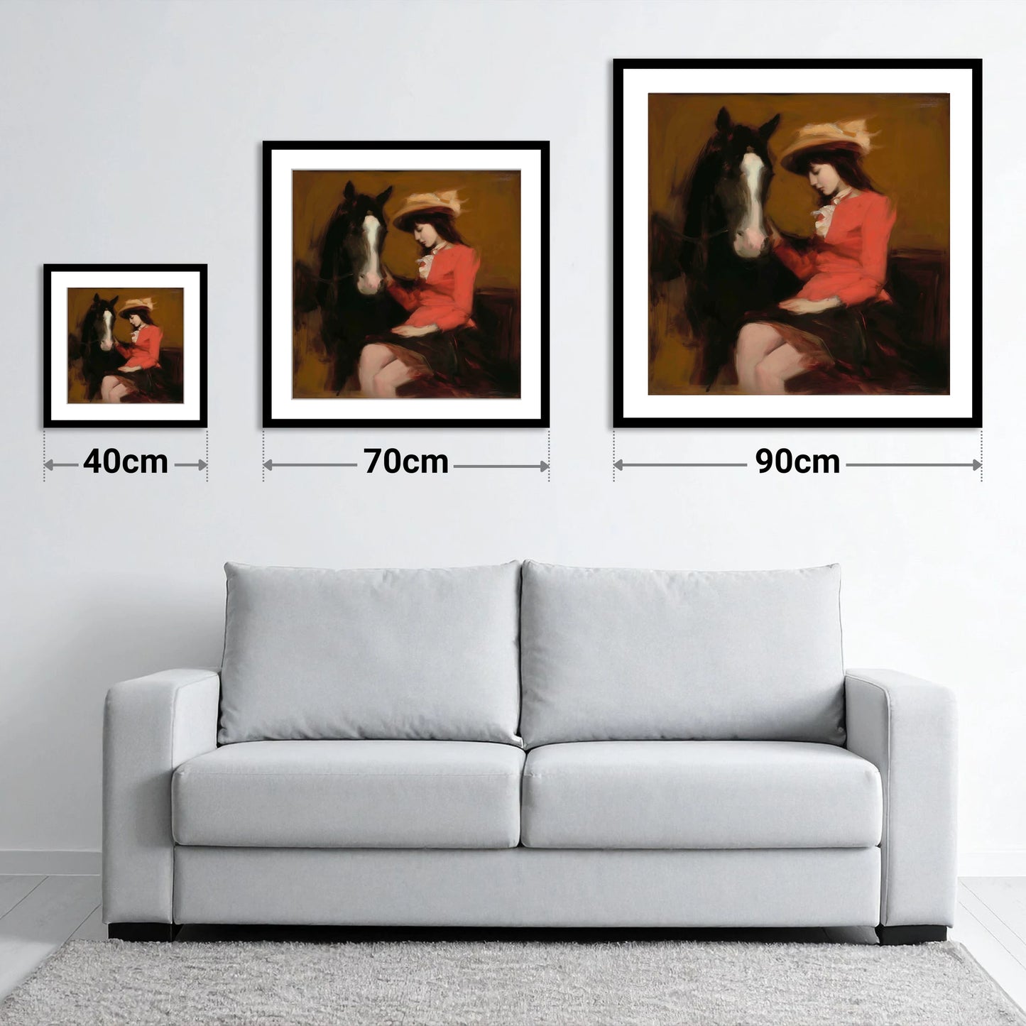 A Quiet Connection - size guide showing 40cm, 70cm and 90cm art prints