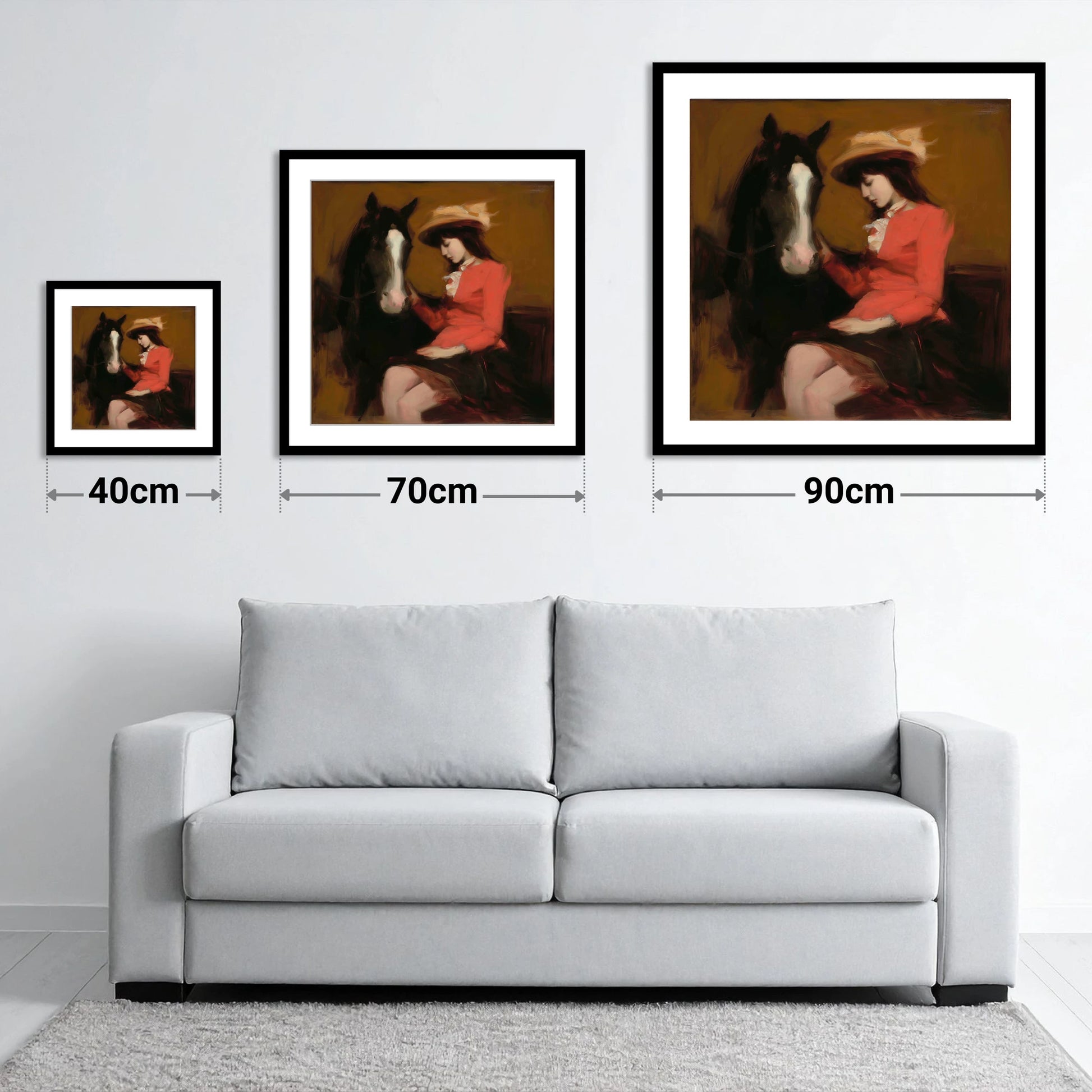 A Quiet Connection - size guide showing 40cm, 70cm and 90cm art prints