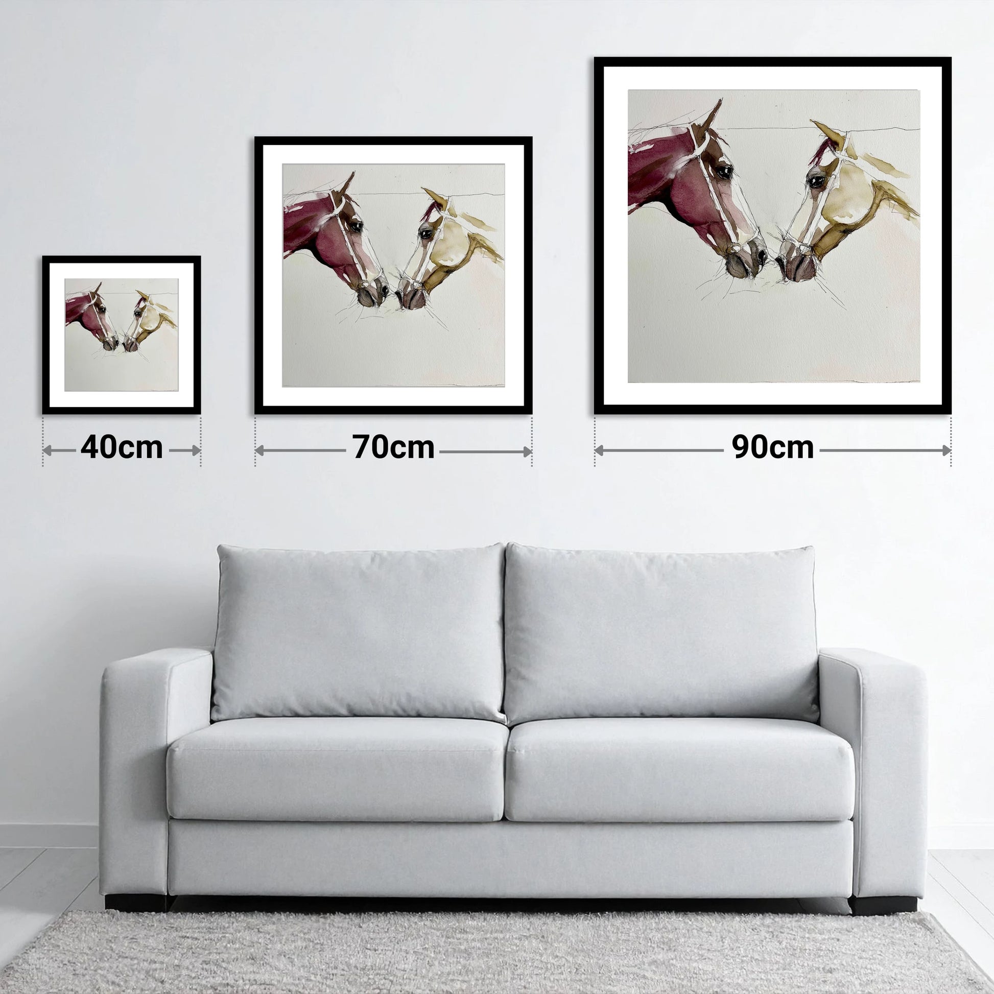 Kindred Spirits - size guide showing 40cm, 70cm and 90cm art prints
