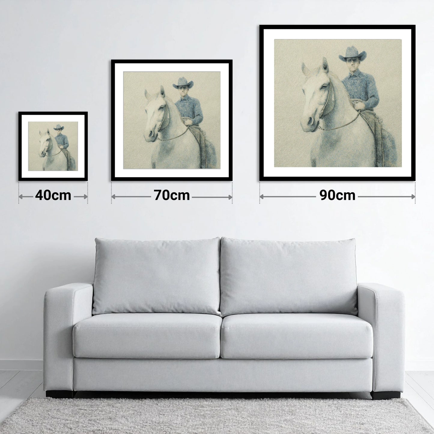 Slate Blue Stockman - size guide showing 40cm, 70cm and 90cm art prints