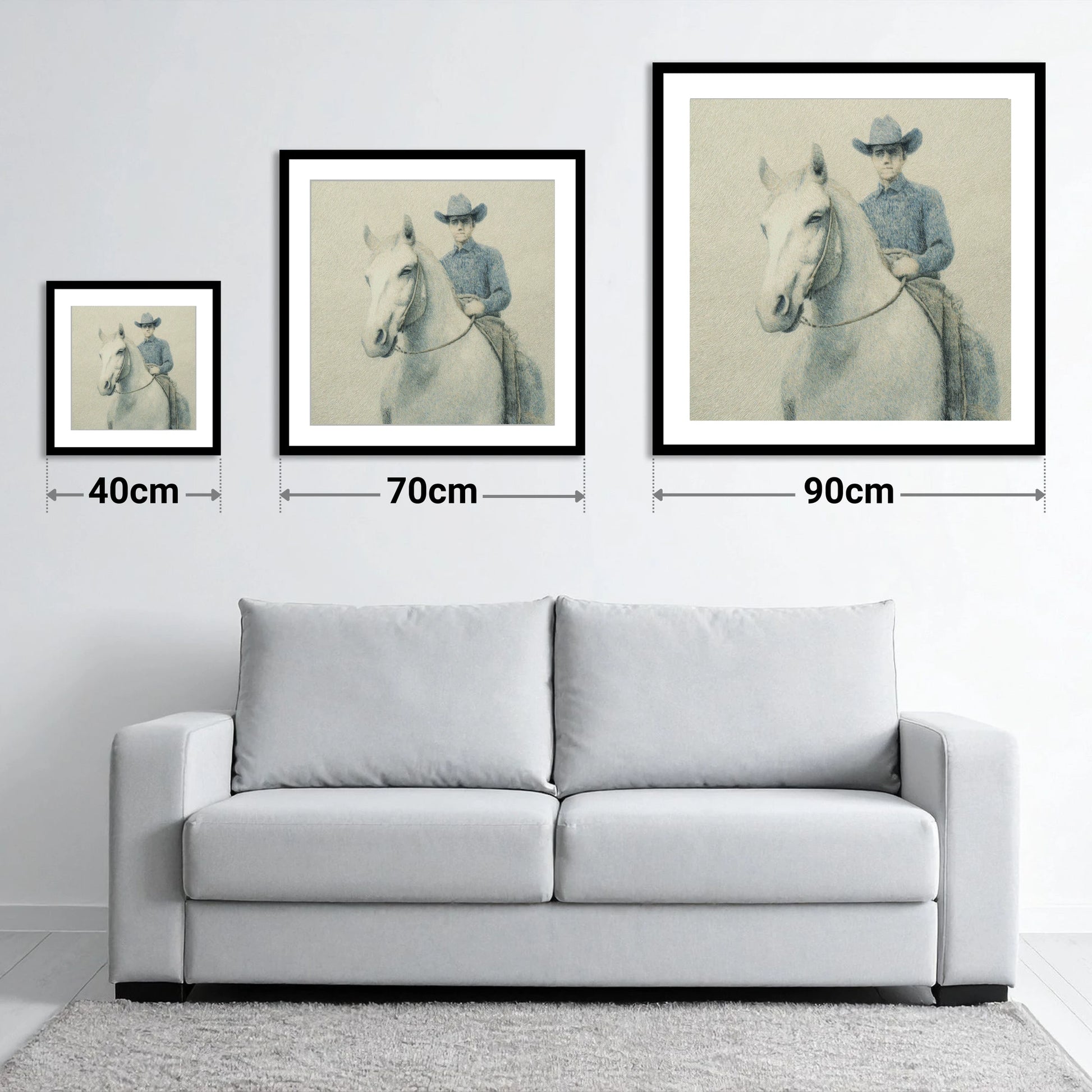 Slate Blue Stockman - size guide showing 40cm, 70cm and 90cm art prints