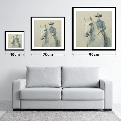 Slate Blue Stockman - size guide showing 40cm, 70cm and 90cm art prints