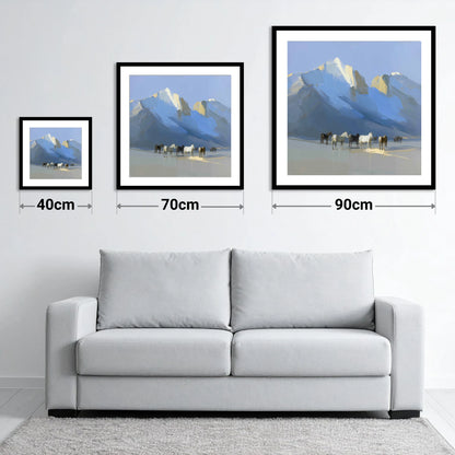 Glacial Heights - size guide showing 40cm, 70cm and 90cm art prints