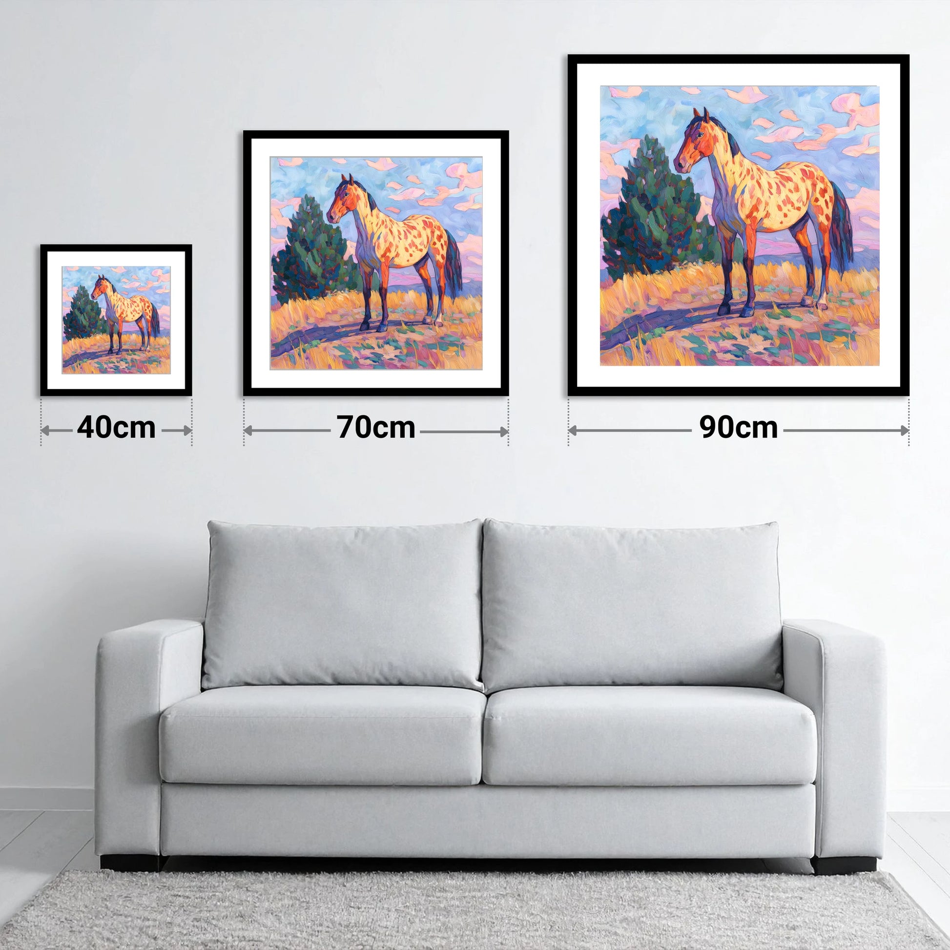 Painted Prairie Appaloosa - size guide showing 40cm, 70cm and 90cm art prints