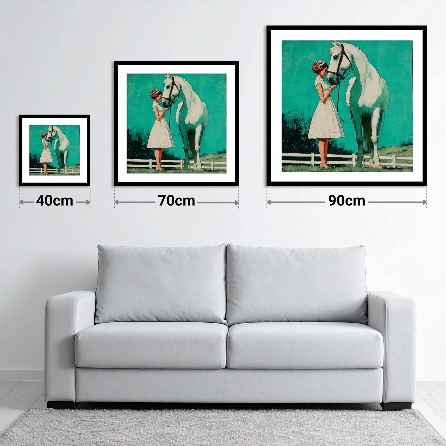 A Moment In Teal - size guide showing 40cm, 70cm and 90cm art prints
