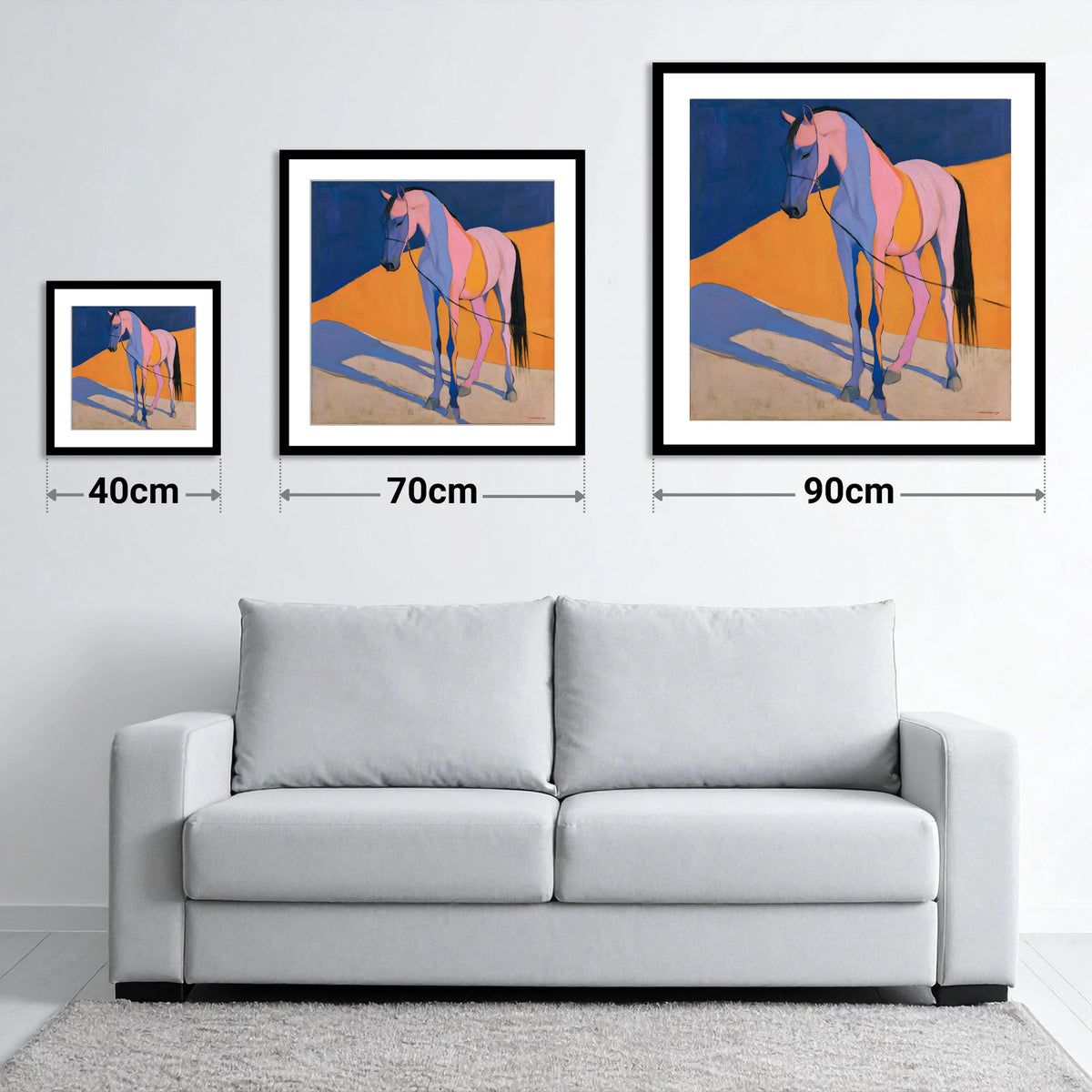 Pink and Blue Abstract Horse - size guide showing 40cm, 70cm and 90cm art prints