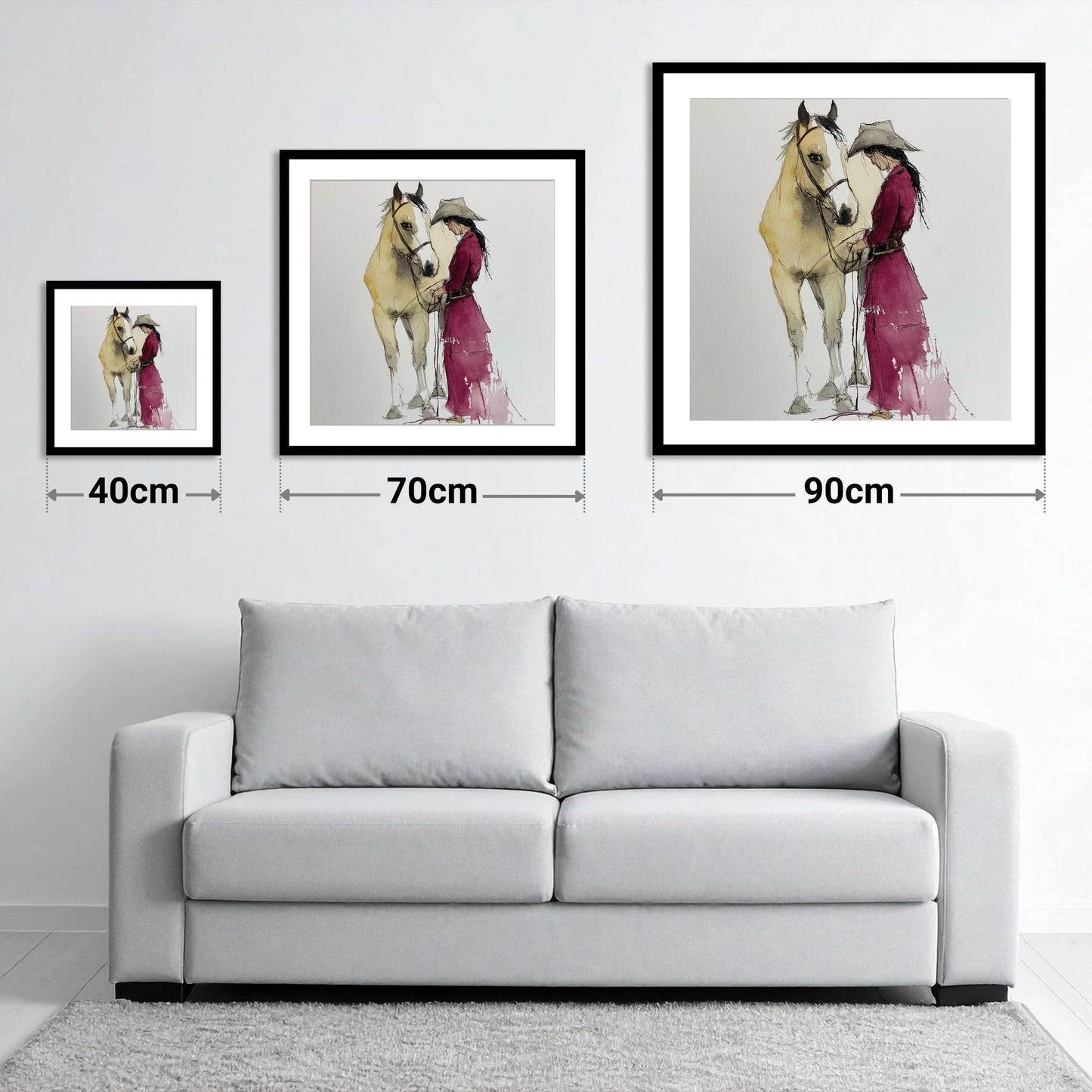 A Quiet Understanding - size guide showing 40cm, 70cm and 90cm art prints