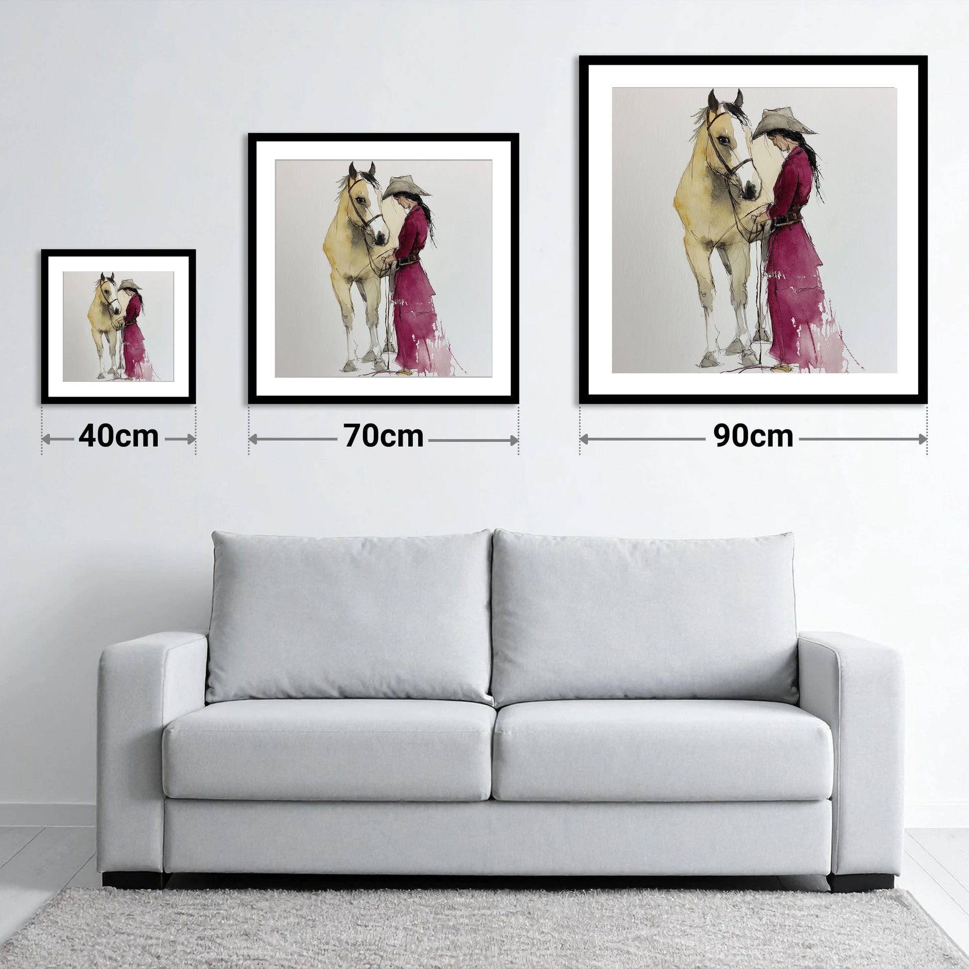 A Quiet Understanding - size guide showing 40cm, 70cm and 90cm art prints