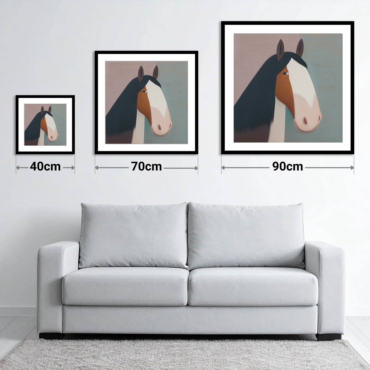 The Gentle Heavyweight - size guide showing 40cm, 70cm and 90cm art prints