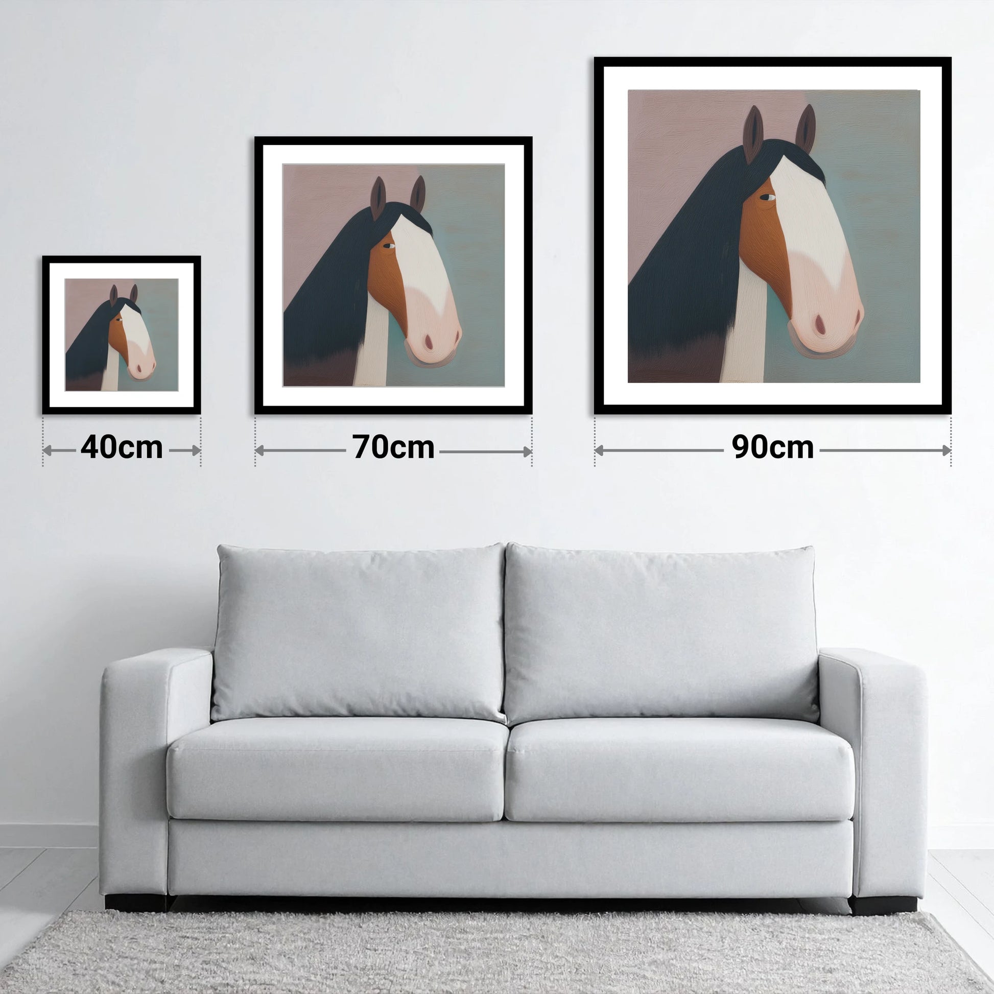 The Gentle Heavyweight - size guide showing 40cm, 70cm and 90cm art prints