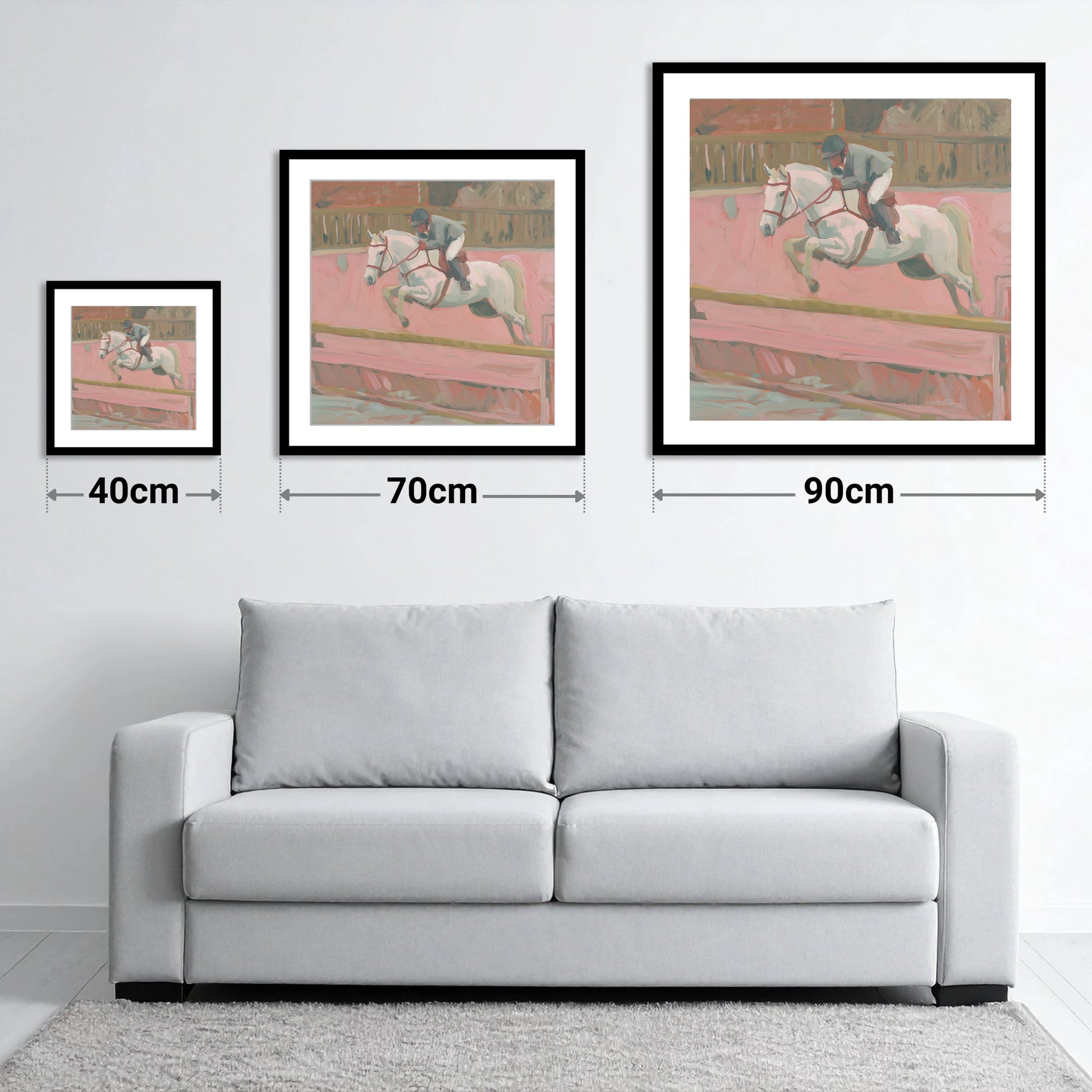 Flight in Dusty Pink - size guide showing 40cm, 70cm and 90cm art prints