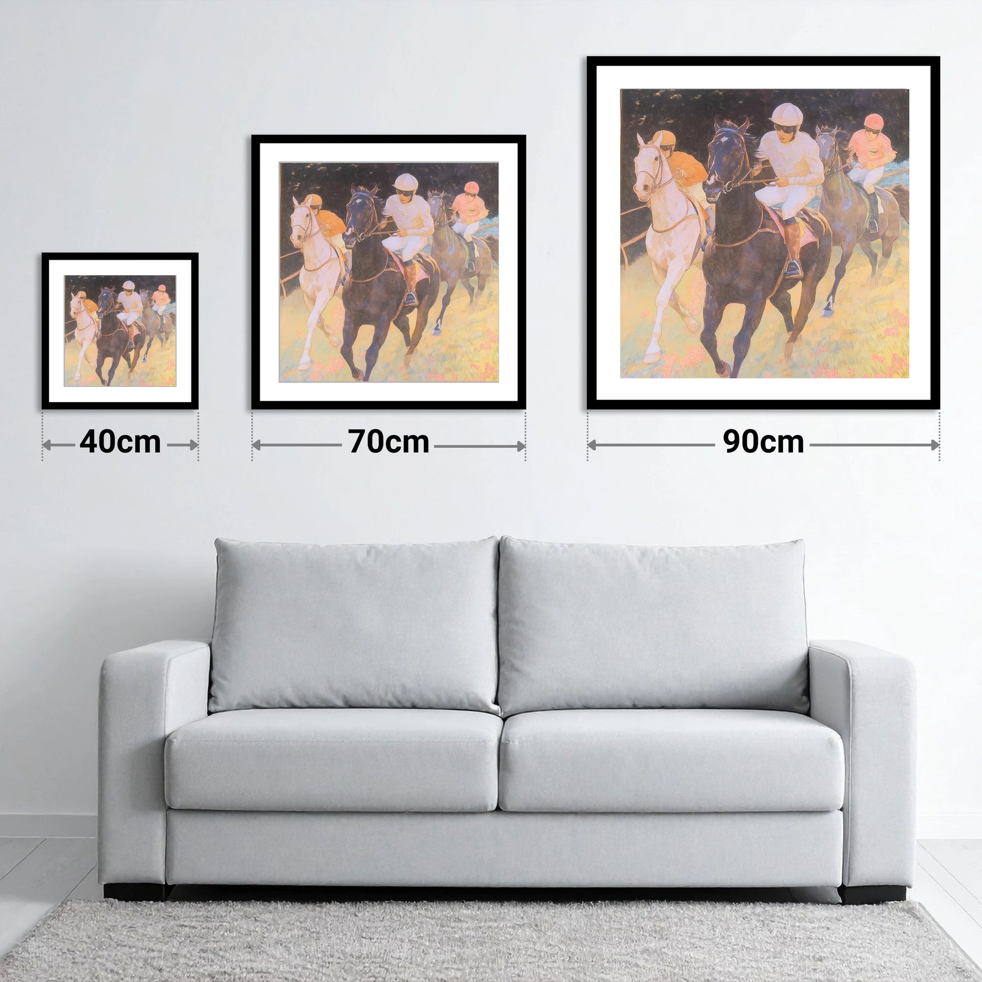 The Luminous Furlong - size guide showing 40cm, 70cm and 90cm art prints