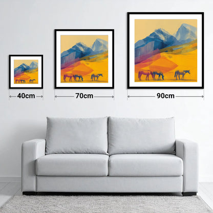 Golden Mountain Pasture - size guide showing 40cm, 70cm and 90cm art prints