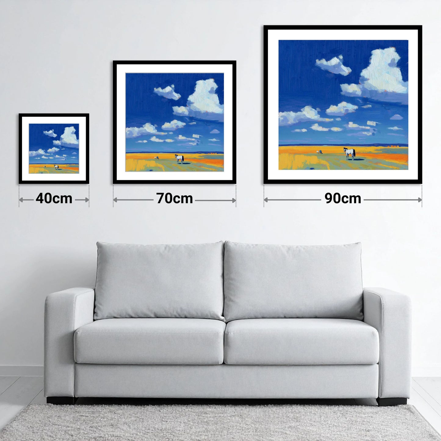 Beneath the Ultramarine Sky - size guide showing 40cm, 70cm and 90cm art prints
