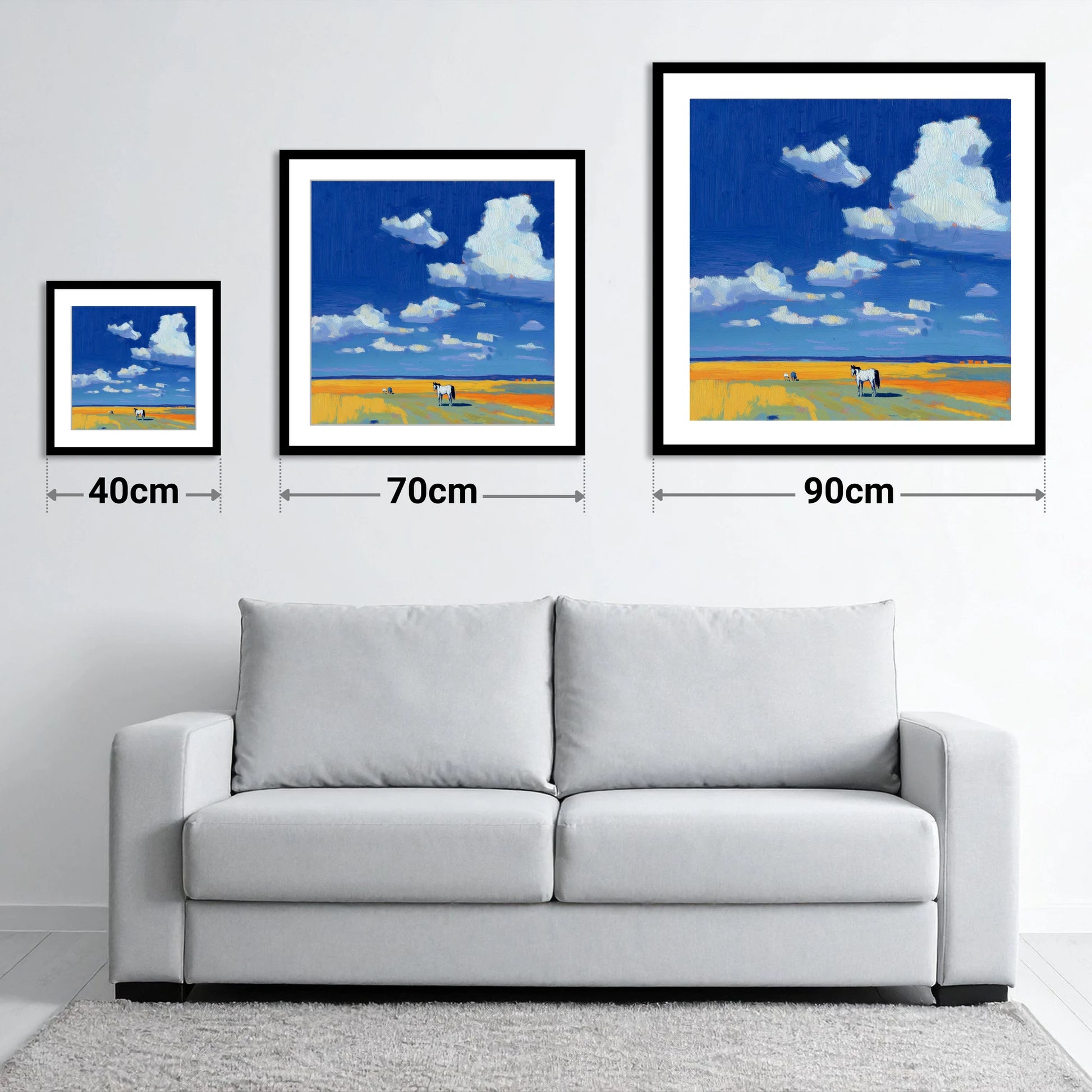 Beneath the Ultramarine Sky - size guide showing 40cm, 70cm and 90cm art prints