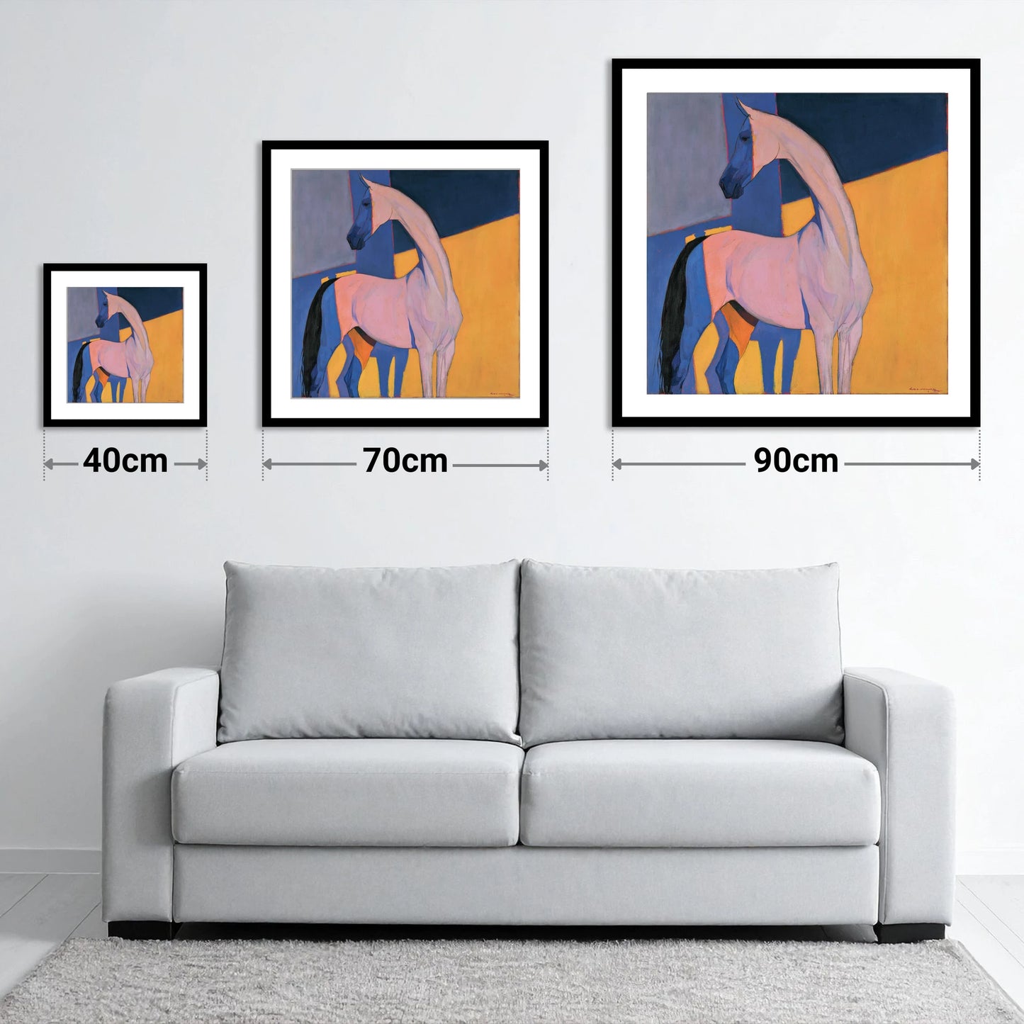 Vibrant Colour Block Horse - size guide showing 40cm, 70cm and 90cm art prints