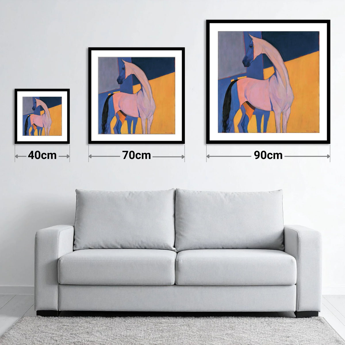 Vibrant Colour Block Horse - size guide showing 40cm, 70cm and 90cm art prints