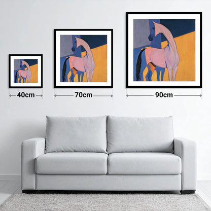 Vibrant Colour Block Horse - size guide showing 40cm, 70cm and 90cm art prints