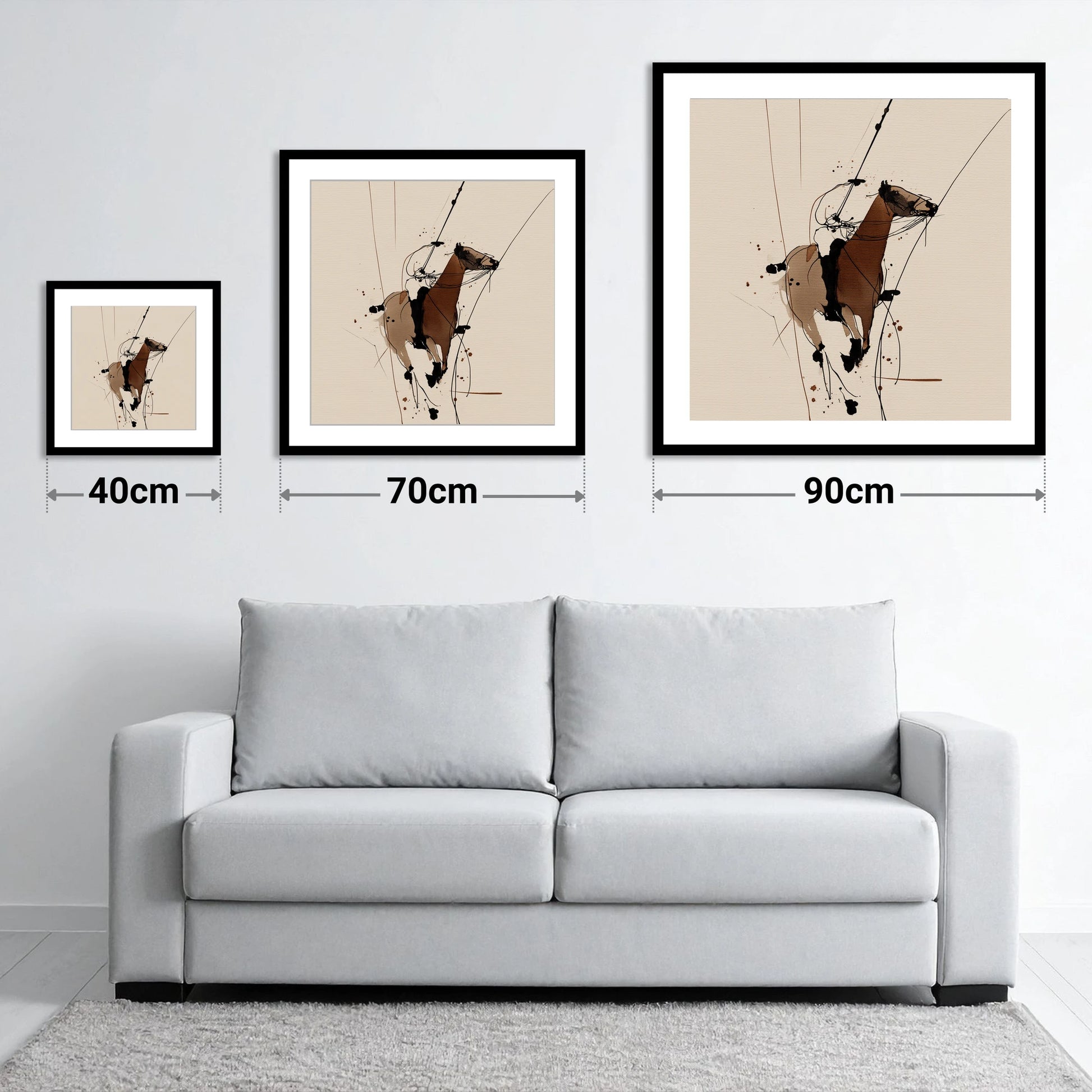 Dynamic Polo Strike - size guide showing 40cm, 70cm and 90cm art prints