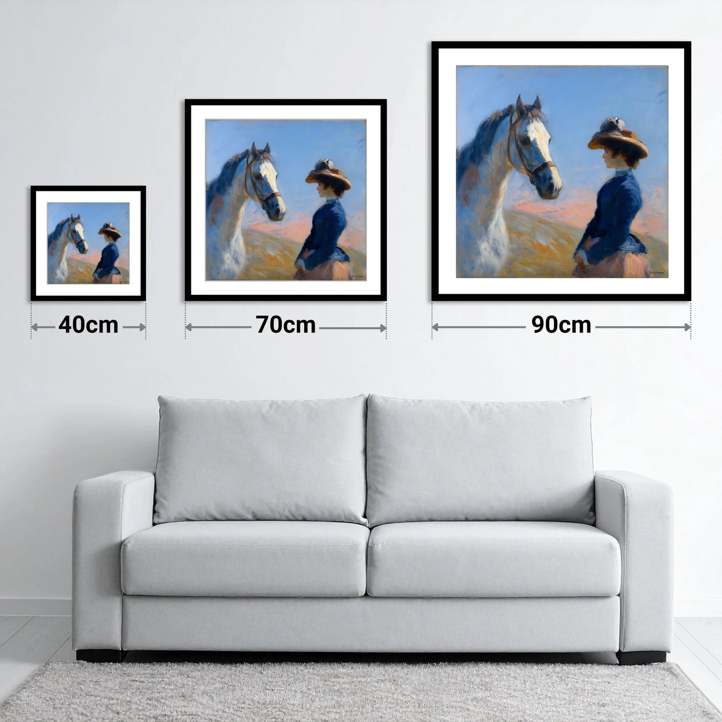 The Golden Gaze - size guide showing 40cm, 70cm and 90cm art prints