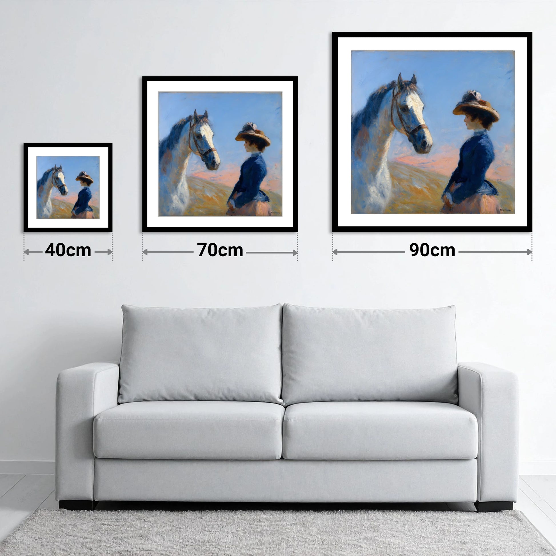 The Golden Gaze - size guide showing 40cm, 70cm and 90cm art prints