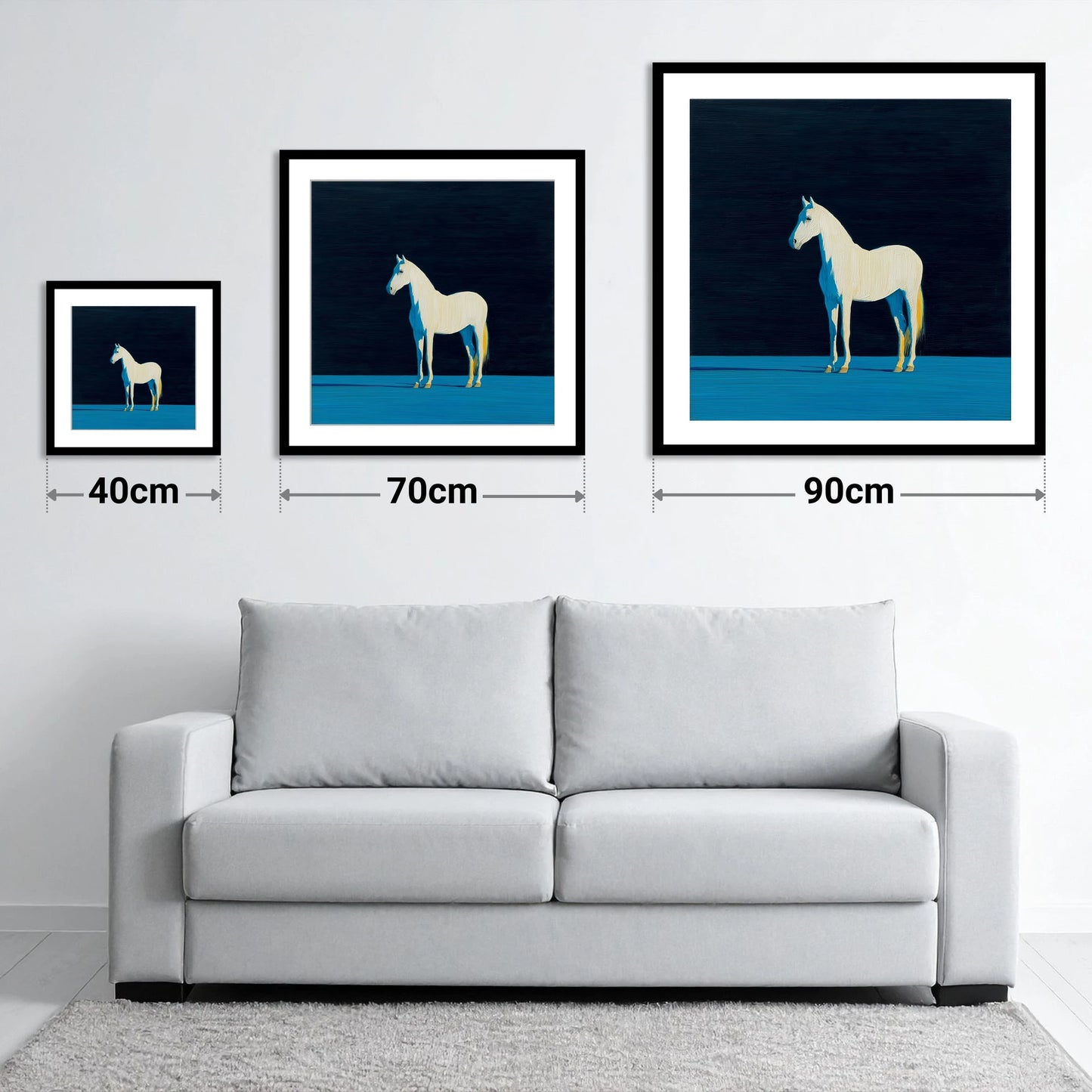 Azure Shadow Equine - size guide showing 40cm, 70cm and 90cm art prints