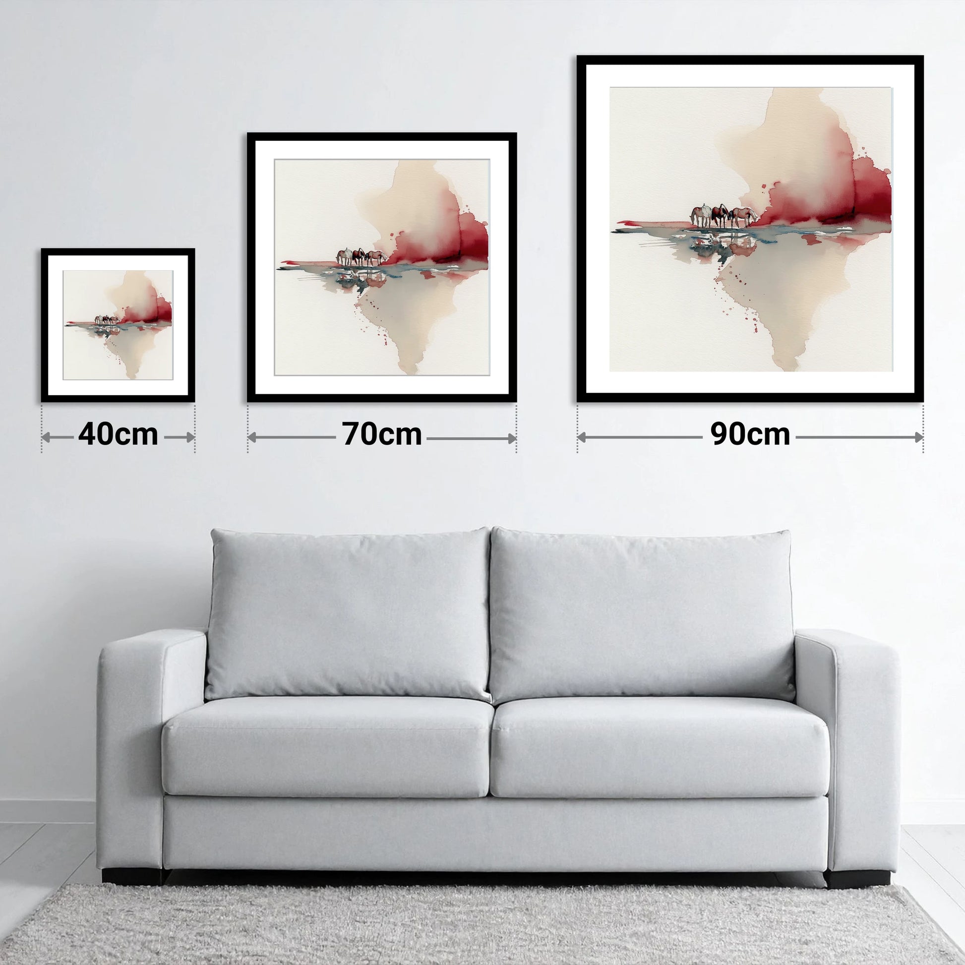 Crimson Reflections - size guide showing 40cm, 70cm and 90cm art prints